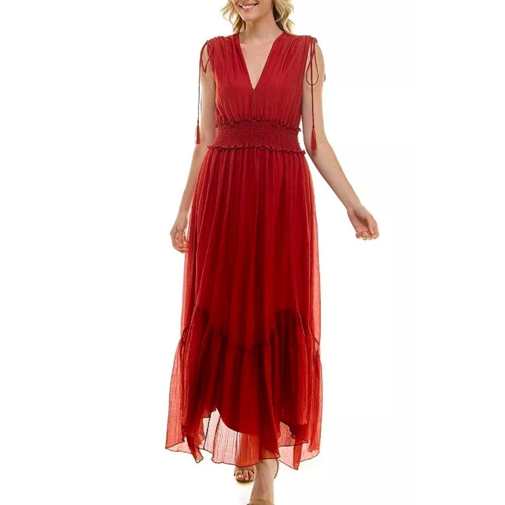 Taylor Smocked Empire Waist Crinkle Midi Dress Tassel Boho Rust Red‎ Women's XS